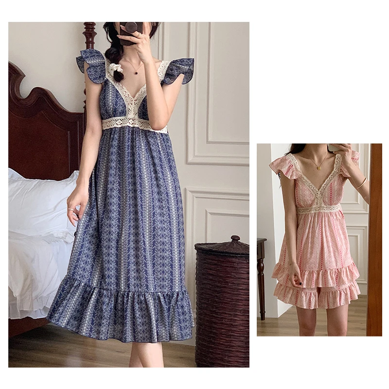 带胸垫/韩国ins风/刺绣/时尚睡衣女/气质夏季家居套装