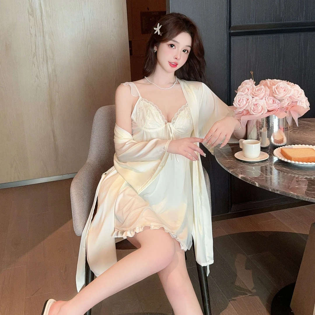 女睡裙冰丝蕾丝透气性感显瘦连衣裙纯色家居服V领睡袍气质春夏
