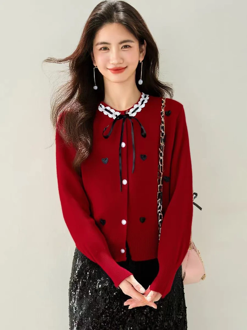 蕾丝结秋冬毛衣女蝴蝶结针织毛针织衫显瘦百搭针织衫女正肩长袖