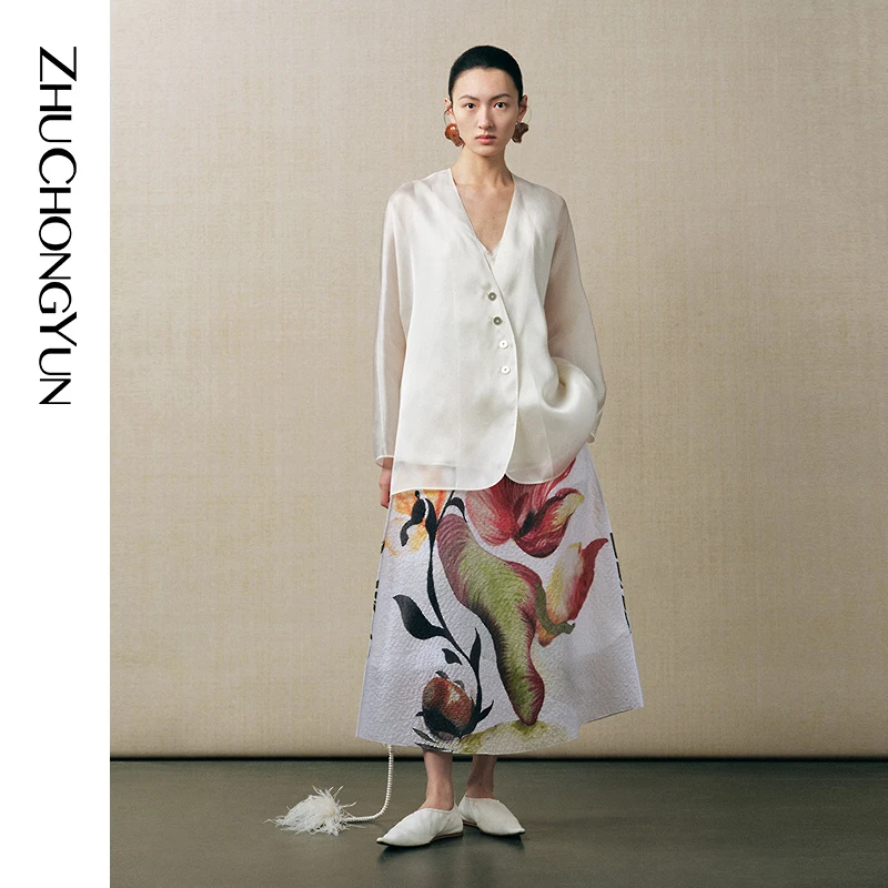 ZHUCHONGYUN2025秋新款5A级桑蚕丝柯根缎弧型剪裁外套