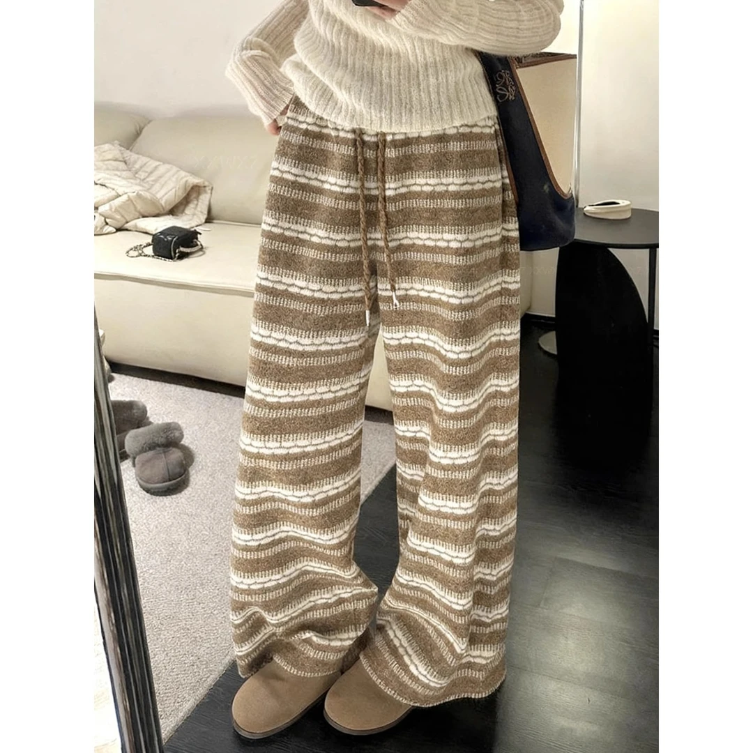 韩国东大门复古条纹阔腿裤女2025秋冬新款加绒加厚直筒网红休闲裤