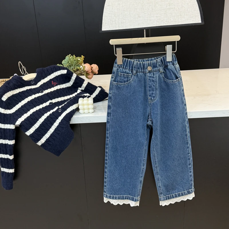 leomama女童裤子秋装新款儿童牛仔裤女大童秋季超好看花边童裤