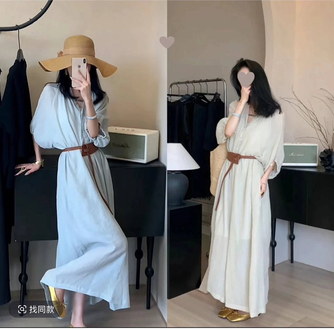 夏季设计感轻奢宽松连衣裙韩系气质V领中袖收腰显瘦长裙子三件套