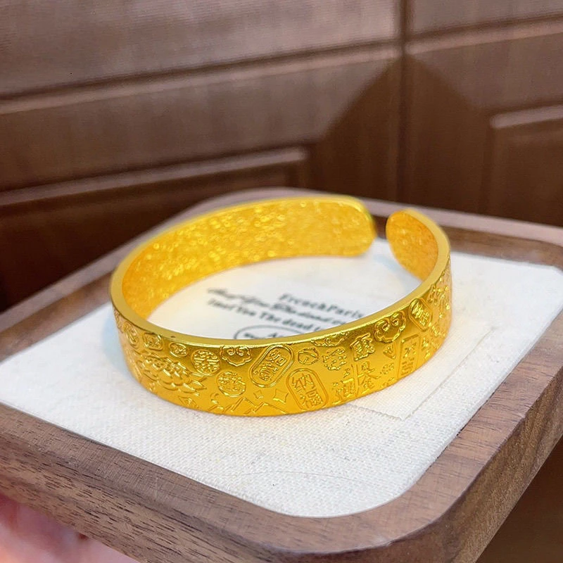 铜合金手镯 宽边吉言莲花手镯开口招财纳福