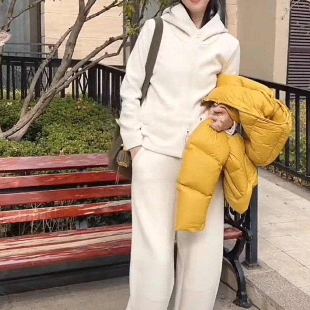 Danjun“潮牌绒感软糯连帽双拉头毛呢”套装