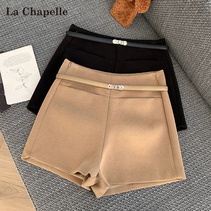 拉夏贝尔复古毛呢西装短裤女秋冬2025新款高腰显瘦外穿阔腿靴裤子