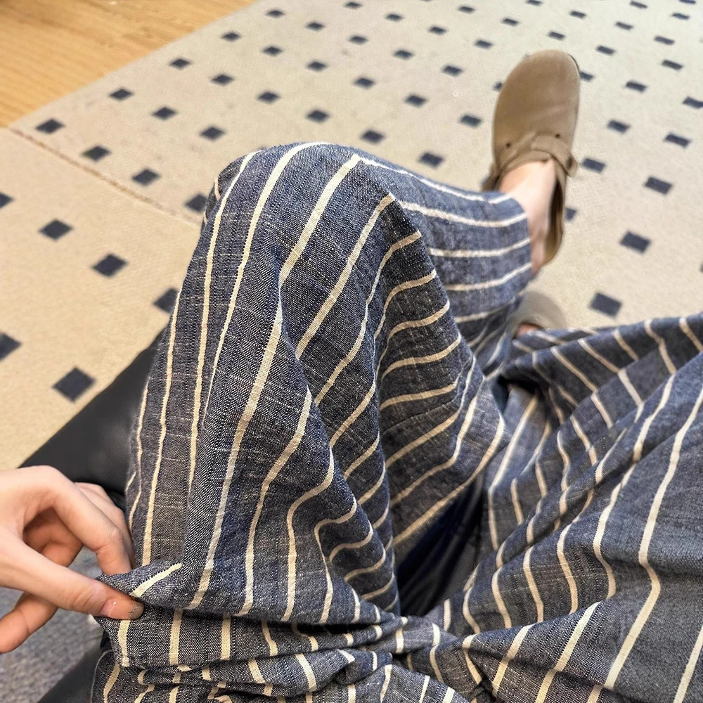 CHAO级推荐！真的很舒服~棉麻条纹休闲裤女夏高腰宽松直筒亚麻裤