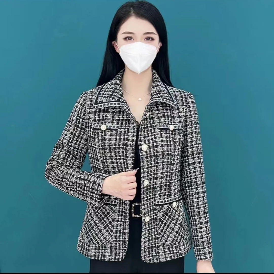 【高品质】中年妈妈春装小香风短款外套洋气时尚百搭千岛格上衣女