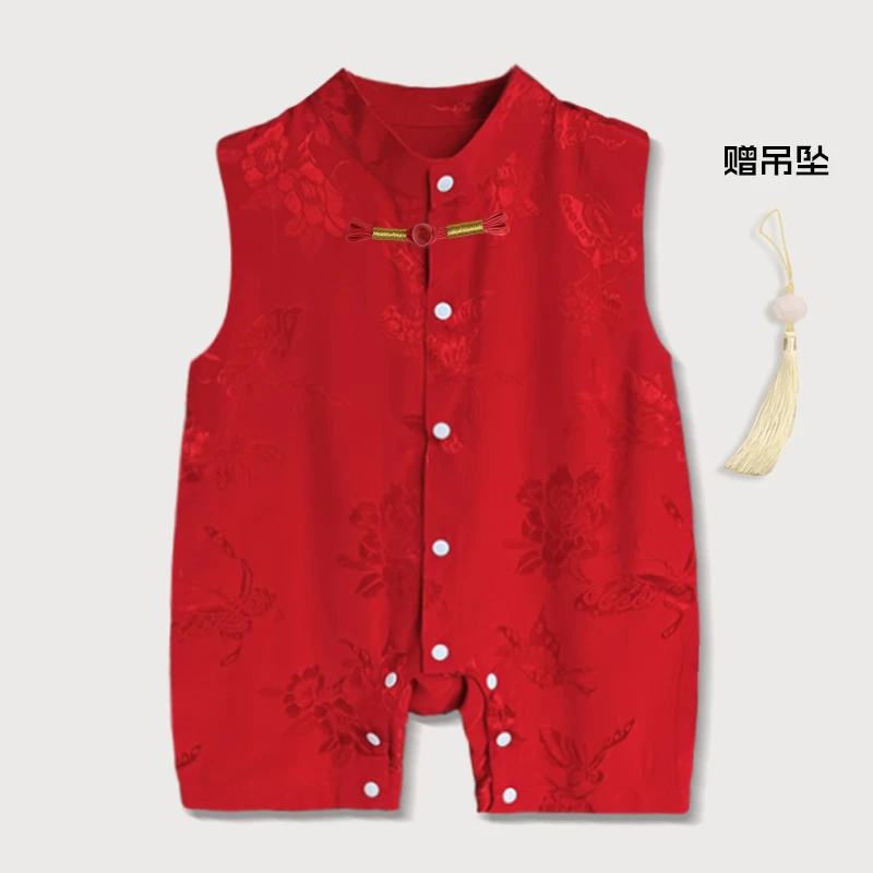 宝宝国风无袖爬服/汉裙红色提花盘扣吸睛夏日周岁礼满月婴儿衣服