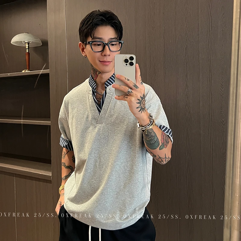 OXFREAK「撞色条纹拼接」老钱风假两件v领短袖t恤男宽松落肩半袖