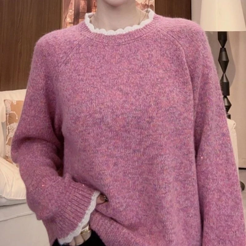 时尚花纱花边领套头针织上衣H661M01D29352