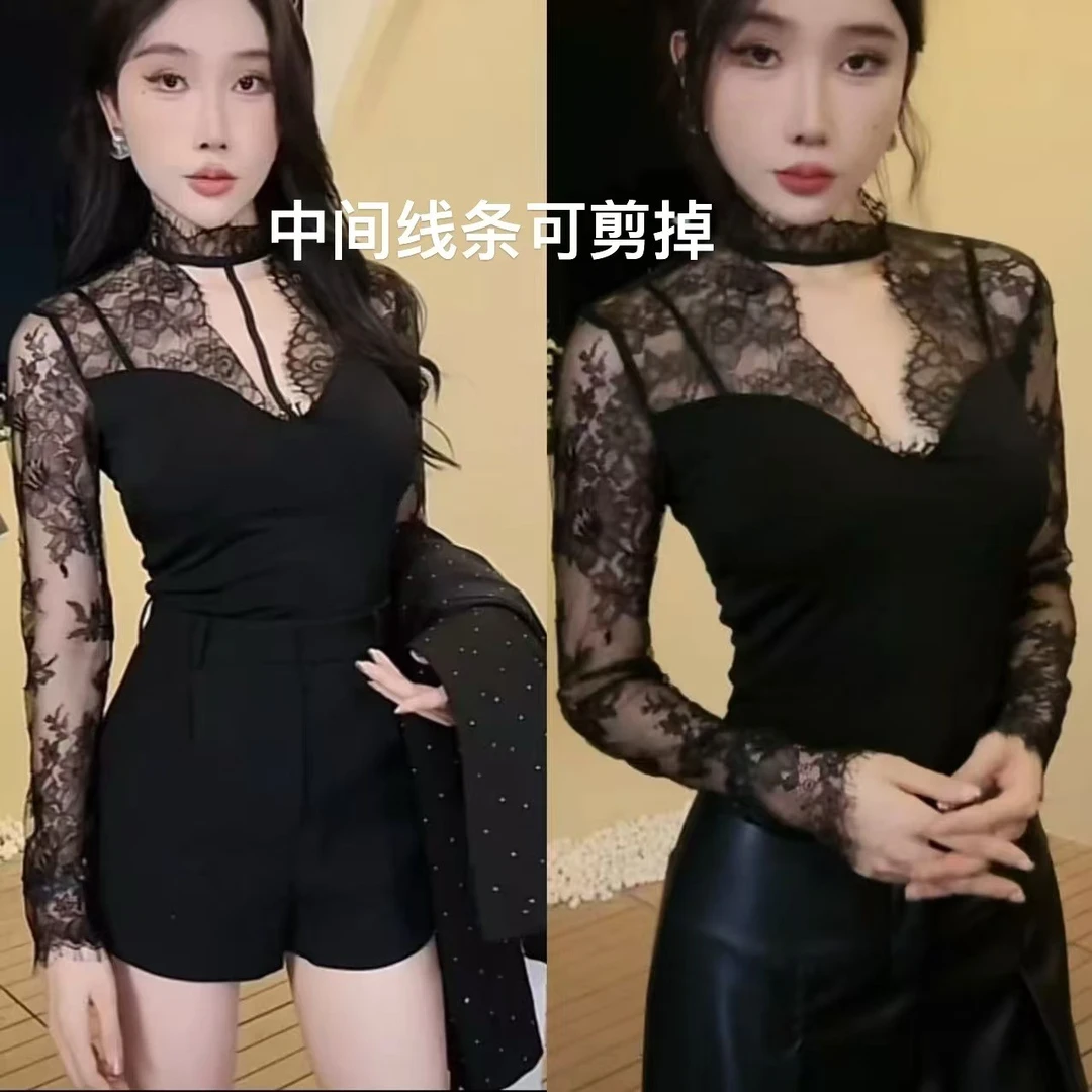 纯欲风蕾丝拼接透视V领衬衫女 2025修身性感别致上衣