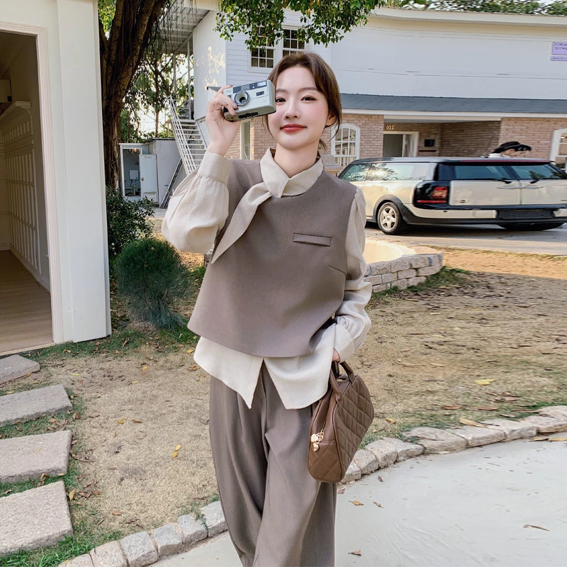 韩系穿搭套装裤女2025春秋新款松弛感通勤风衬衫马甲阔腿裤三件套
