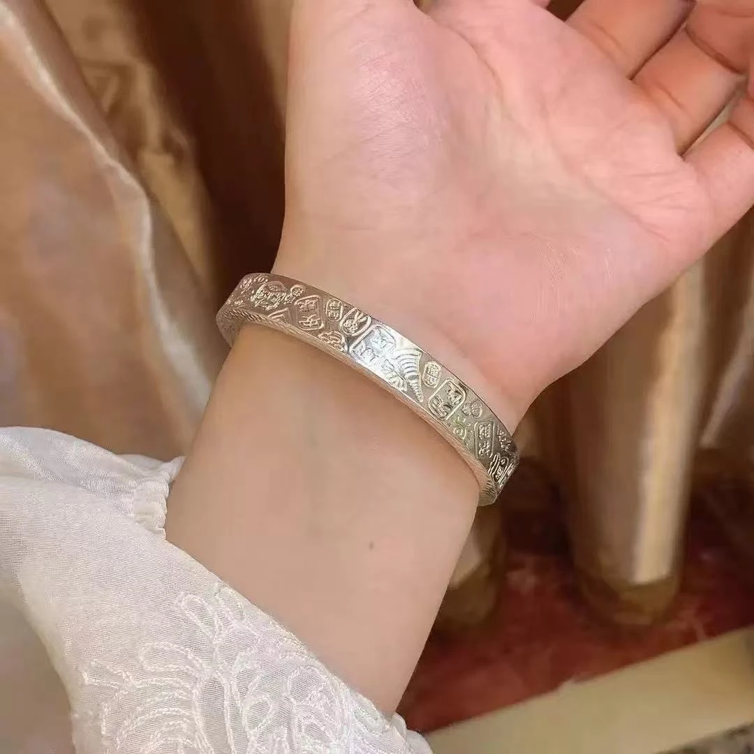 足银手镯  足银手镯999.9纯手工定制四面吉言手镯方形钉沙锤纹