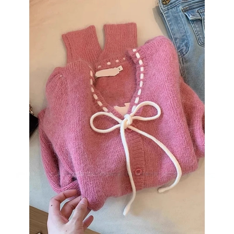 新品温柔系甜美法式开衫毛衣女秋冬粉色氛围感蝴蝶结绝美针织上衣
