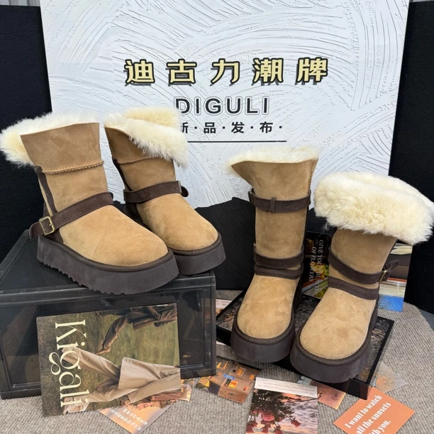 【迪古力】羊皮毛一体不过膝厚底松糕皮带扣翻领两穿骑士雪地靴翠