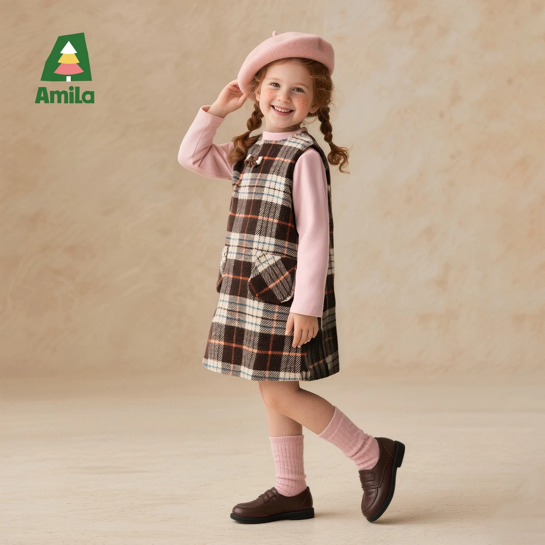 Amila啊咪啦2025秋季新款加宽背带格子百搭女童裙套装XQ5TQ410