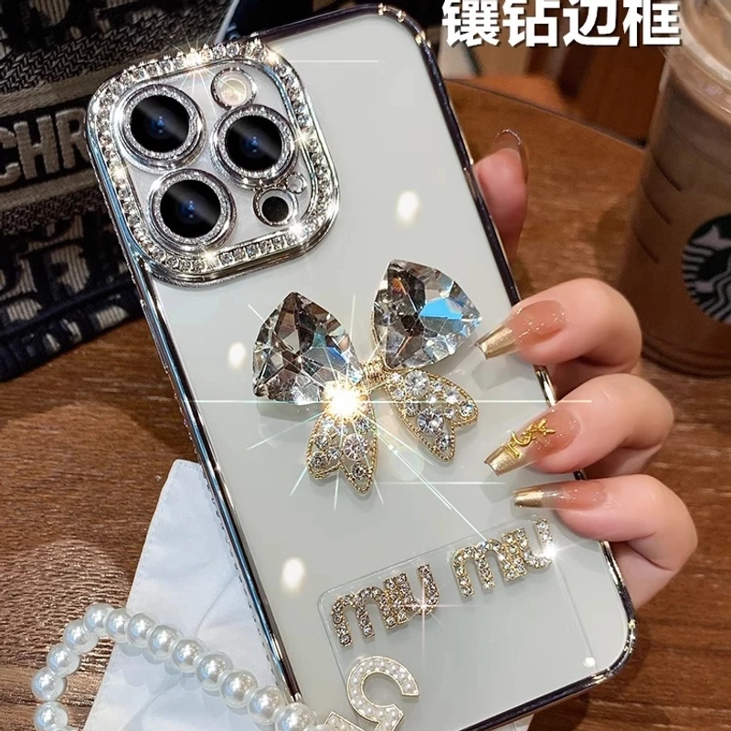 带镜头膜苹果16promax手机壳iPhone15闪钻蝴蝶结14高级感13手链壳