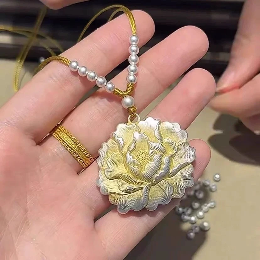 吊坠足银 999描金牡丹花纯银吊坠项链女款民族风编绳送女朋友礼物