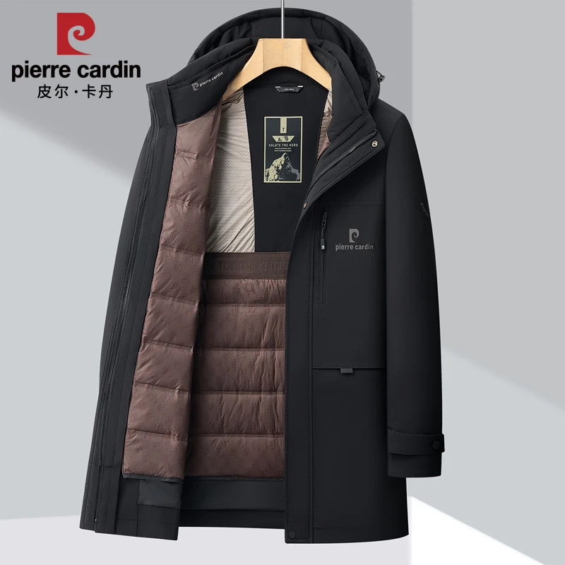 皮尔卡丹男士鹅绒羽绒服冬季保暖加厚中长款高档休闲脱卸内胆外套