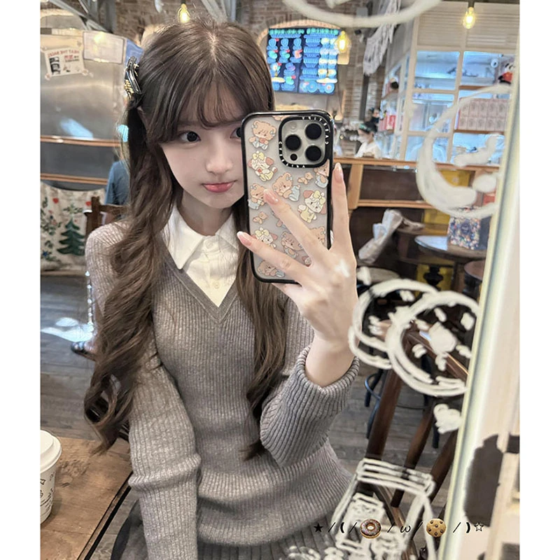 韩系穿搭假两件polo领针织衫女秋冬季修身长袖毛衣内搭打底衫上衣