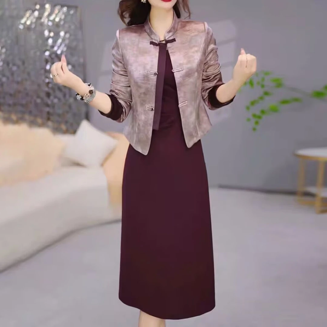 外套+连衣裙 2025秋季时尚复古洋气女士气质修身显瘦套装裙M-4XL