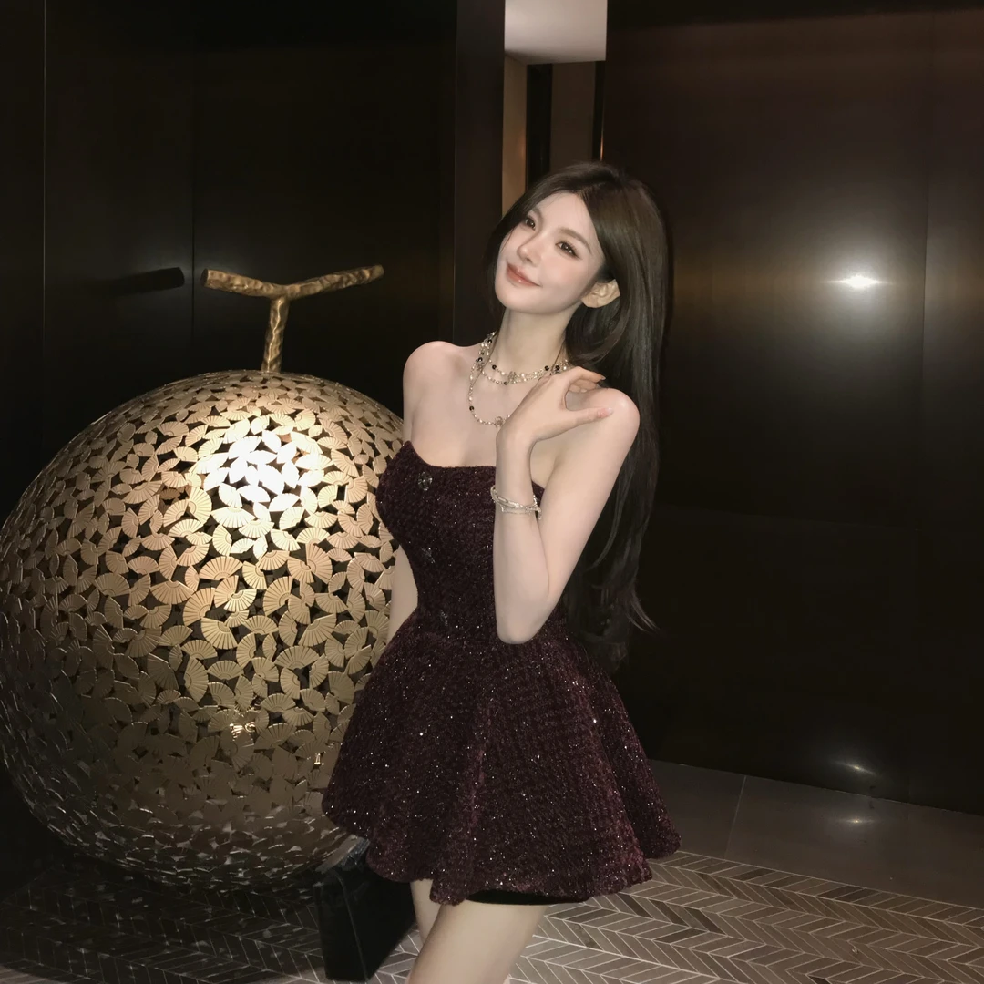 FAY【莓果千层】重工小香风编织粗花呢性感小裙摆显瘦抹胸吊带上衣