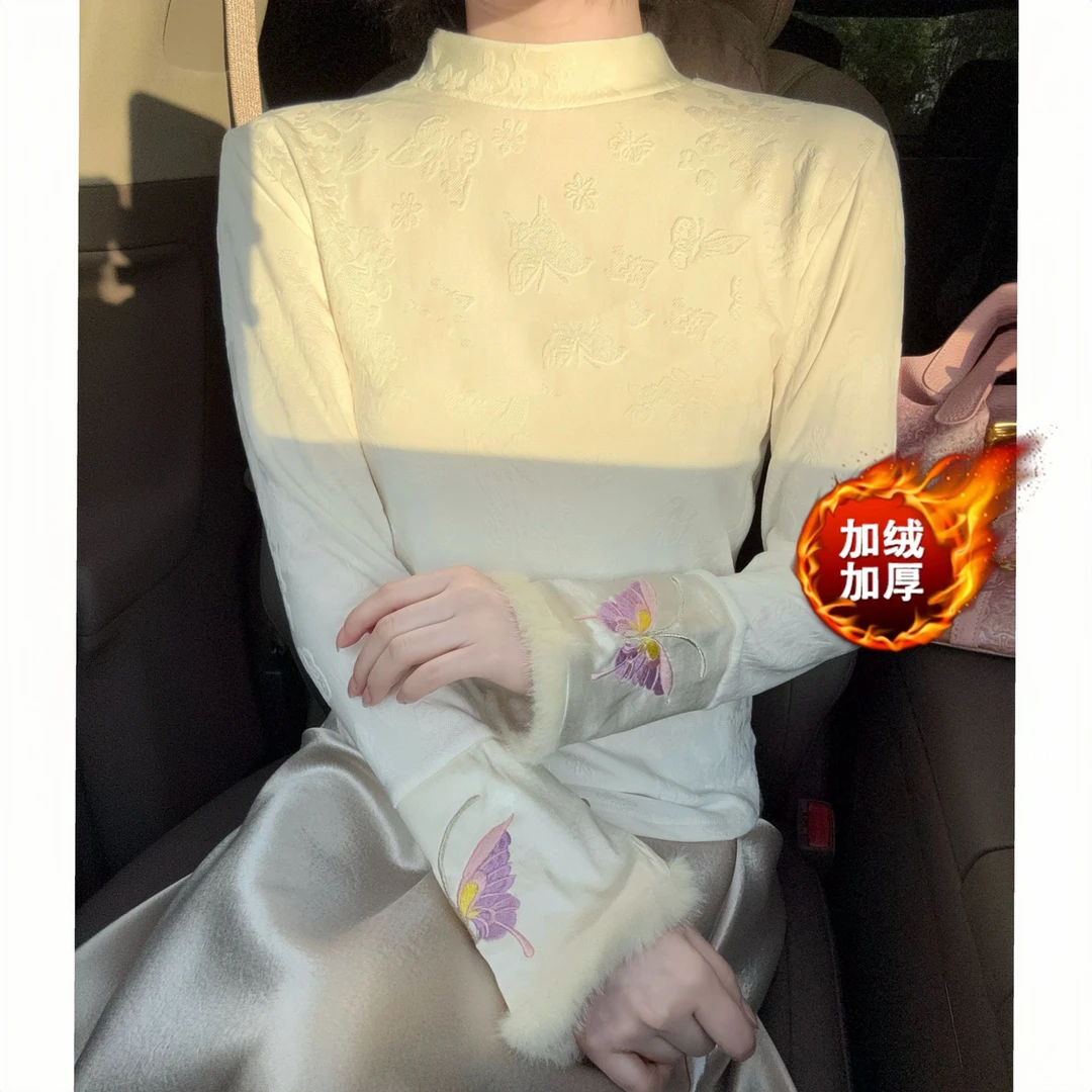 【蝶恋】加绒长袖打底衫加厚重工刺绣百搭保暖长袖绣花秋冬国风上衣