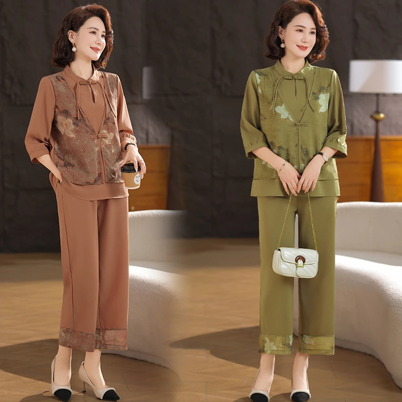 新中式国风套装妈妈春装2025新款衣服中老年女装春秋两件套上衣