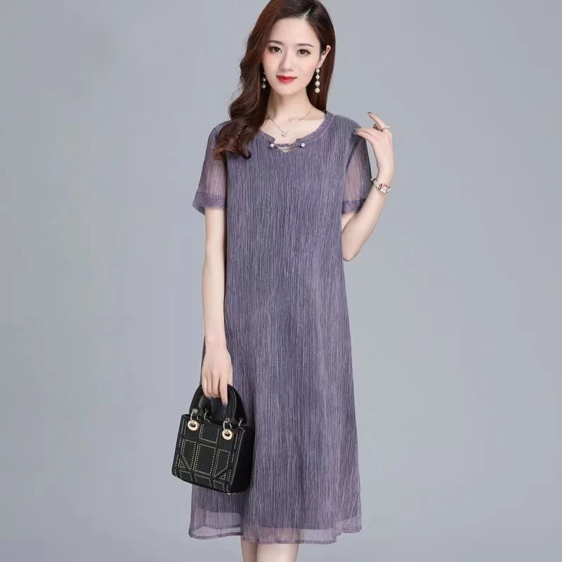 【1789人好评】雪纺高贵遮肚子显瘦过膝裙子长款妈妈夏装40-50岁宽