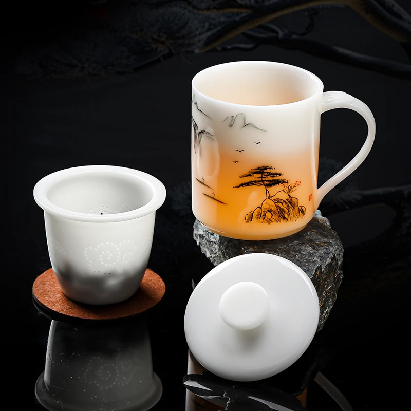 高端中国白冰种玉瓷陶瓷办公茶杯羊脂玉手绘茶水分离带过滤礼盒装