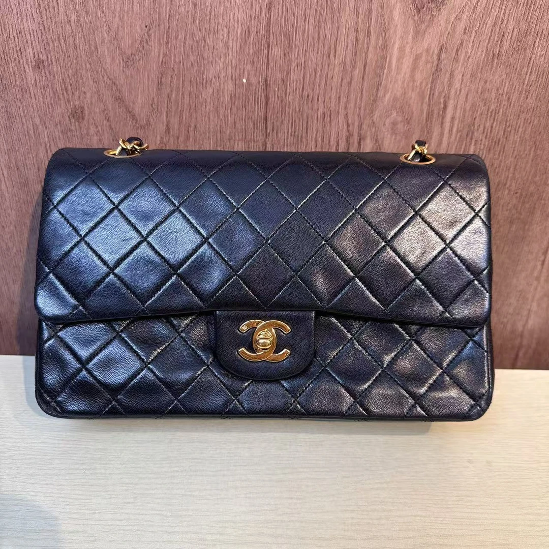 95新 Chanel/香奈儿 香奈儿羊皮CF底长25黑色金扣1开包9Q02