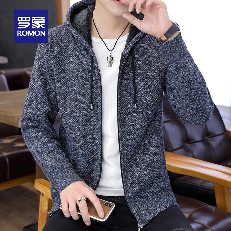 罗蒙连帽卫衣男士秋冬季新款针织开衫上衣休闲中青年加绒保暖外套