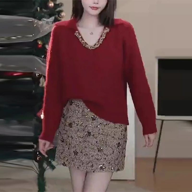 设计感V领女士毛衣2024秋冬季新款大码宽松休闲别致针织衫上衣