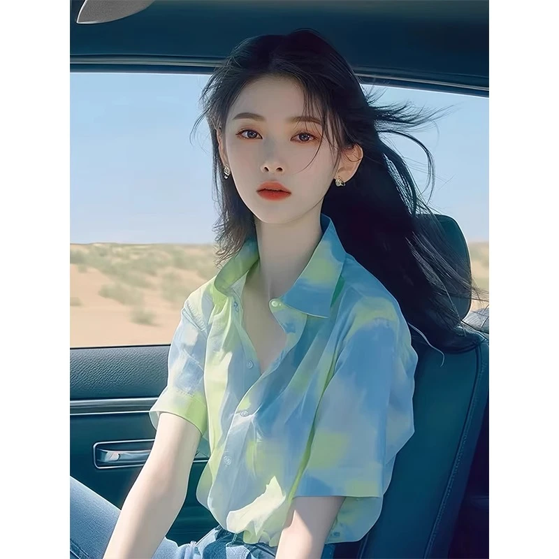 洋气复古扎染短袖衬衫女2025新款夏季气质宽松高级感法式雪纺上衣