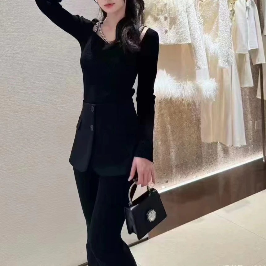 SZSALI 定制钻链小香风轻奢长袖针织衫女神高腰微辣小黑裤分套装