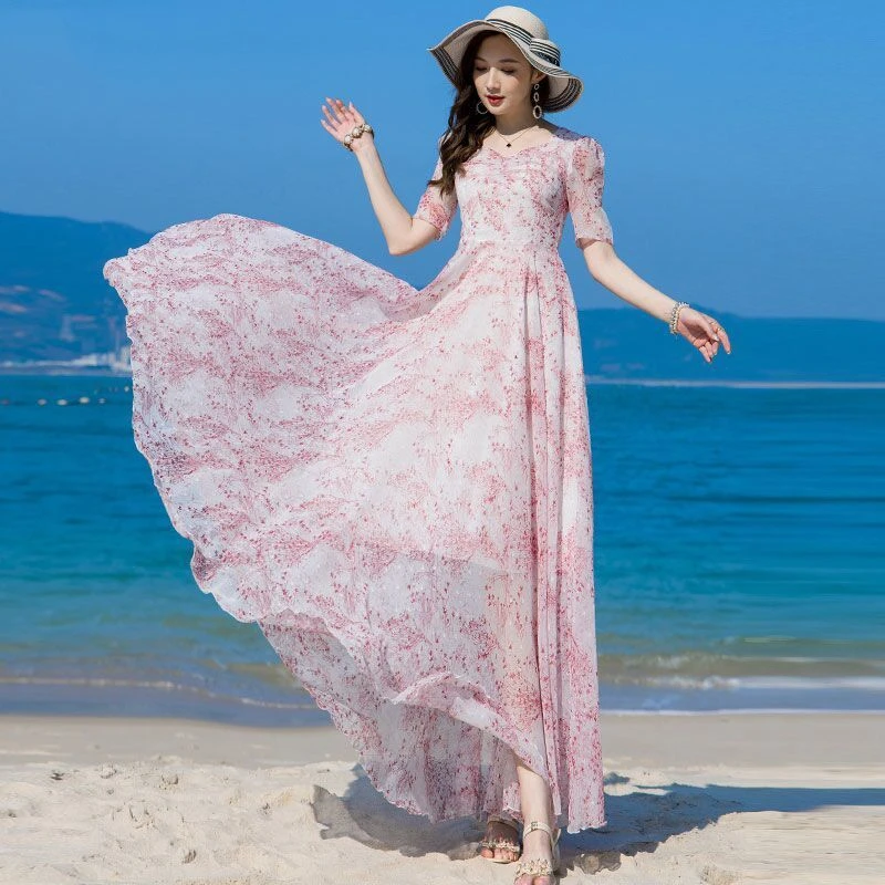 夏季粉色雪纺碎花连衣裙女长款到脚踝宽松短袖沙滩度假超长大摆裙