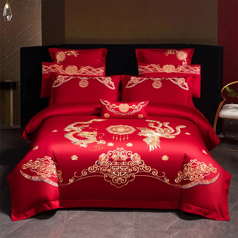 富安娜中式婚庆刺绣床上四件套新婚大红婚房龙凤被套陪嫁喜被床单