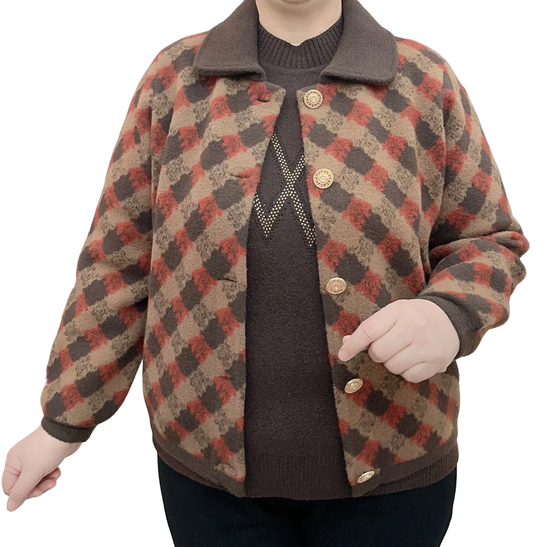 爆款格子珍珠尼外套中老年妈妈装西装领加厚年货洋气妈妈开衫4125