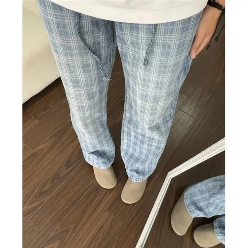 冰蓝色高裆格子牛仔裤男夏季薄款vibe裤子美式高街潮流直筒微喇裤
