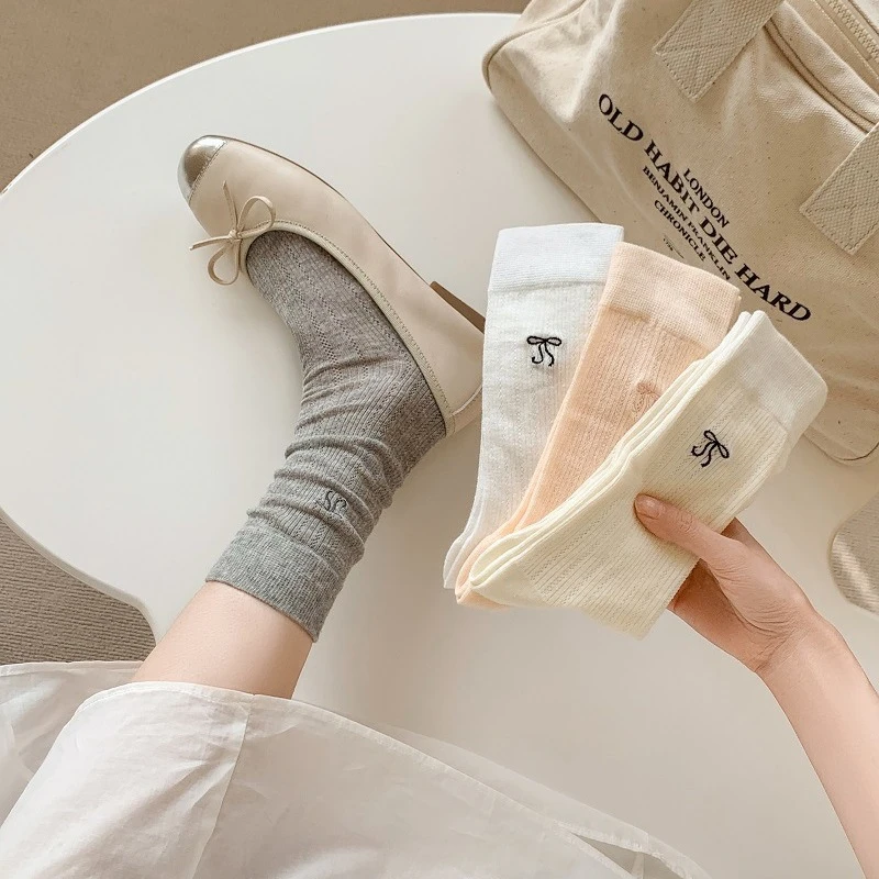 蝴蝶结堆堆袜女士夏季薄款芭蕾风镂空刺绣长筒百搭jk袜子