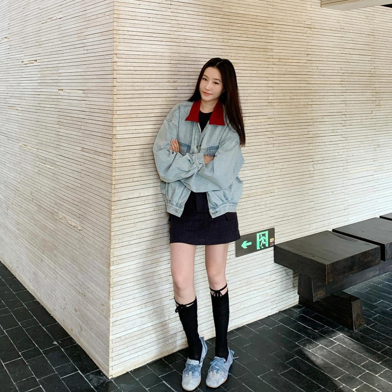 TTOOVOUIS初秋新款休闲美式酷飒风撞色方领水洗复古ins牛仔外套女