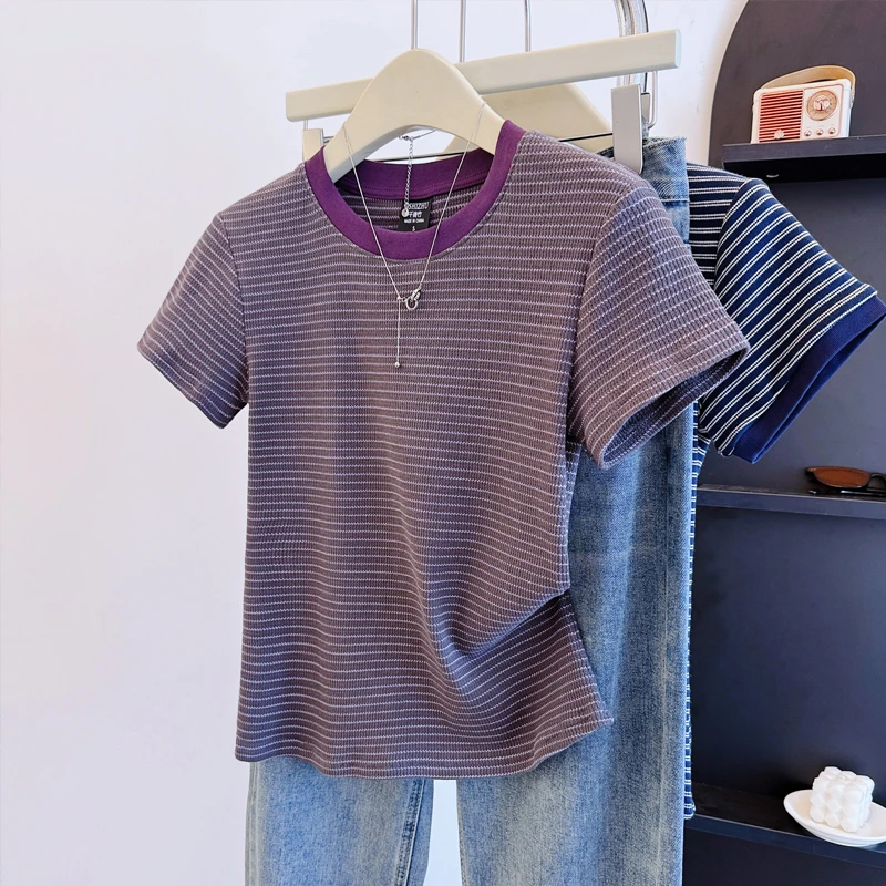 9106#设计感夏季紫色圆领条纹华夫格短袖正肩t恤女正肩小衫上衣潮