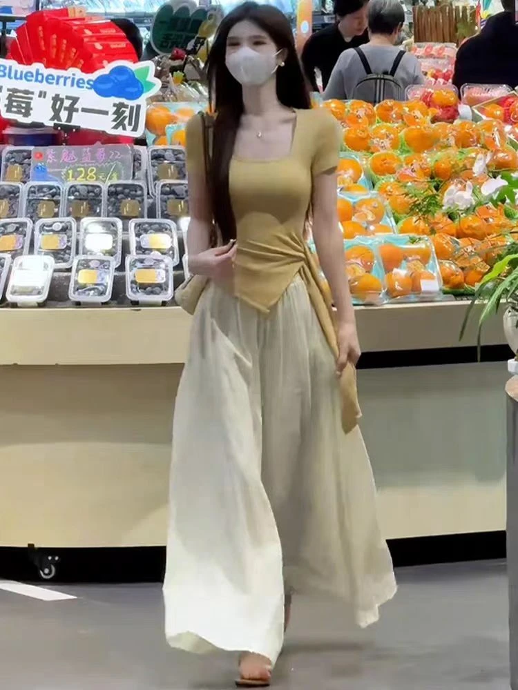 25夏日绝美穿搭一整套女不规则开叉绑带短袖T恤+高腰阔腿裤两件套