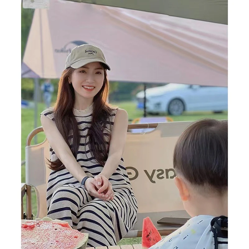 夏季法式复古条纹针织无袖连衣裙慵懒风遮肉云南长款气质沙滩裙女