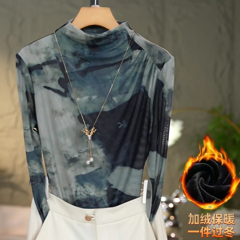 694#2025秋冬洋气高贵半高领打底衫时尚百搭网纱长袖修身显瘦T恤