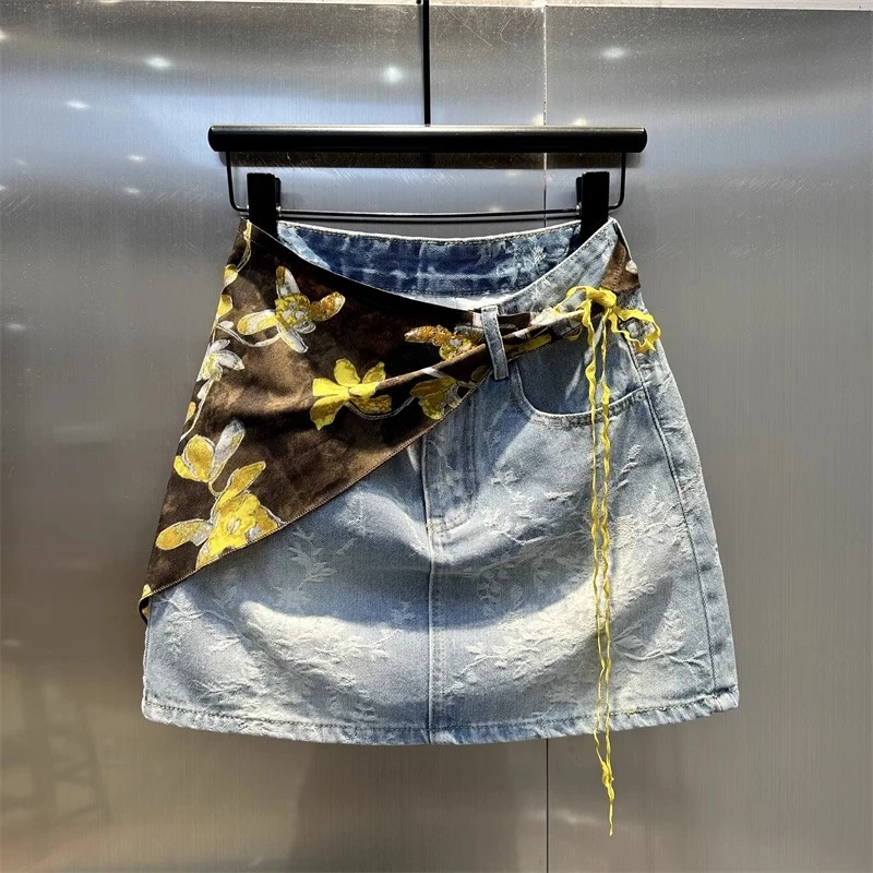 2025年新款复古时尚度假风围巾牛仔短裙半身裙女宽松休闲百搭A字