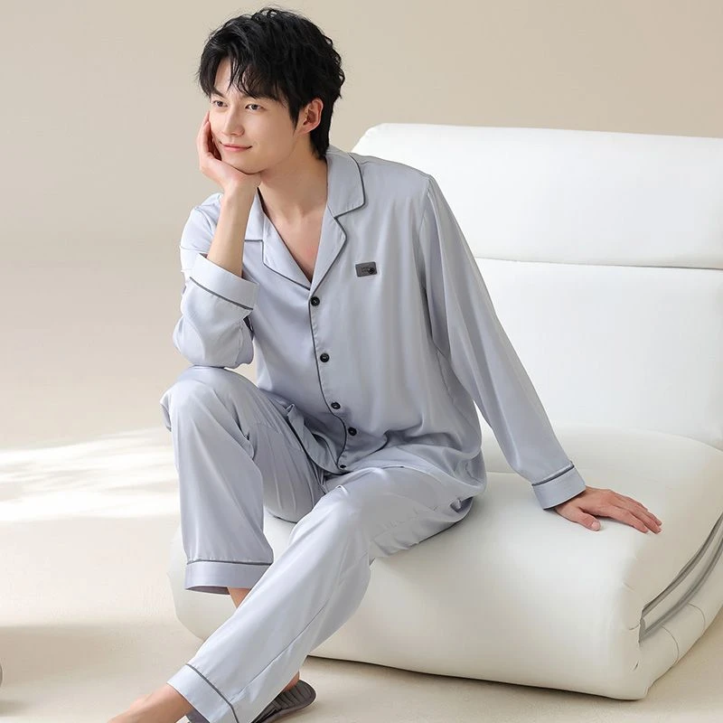 2025春秋季新款睡衣男士长袖长裤翻领宽松舒适大码可外穿家居服男