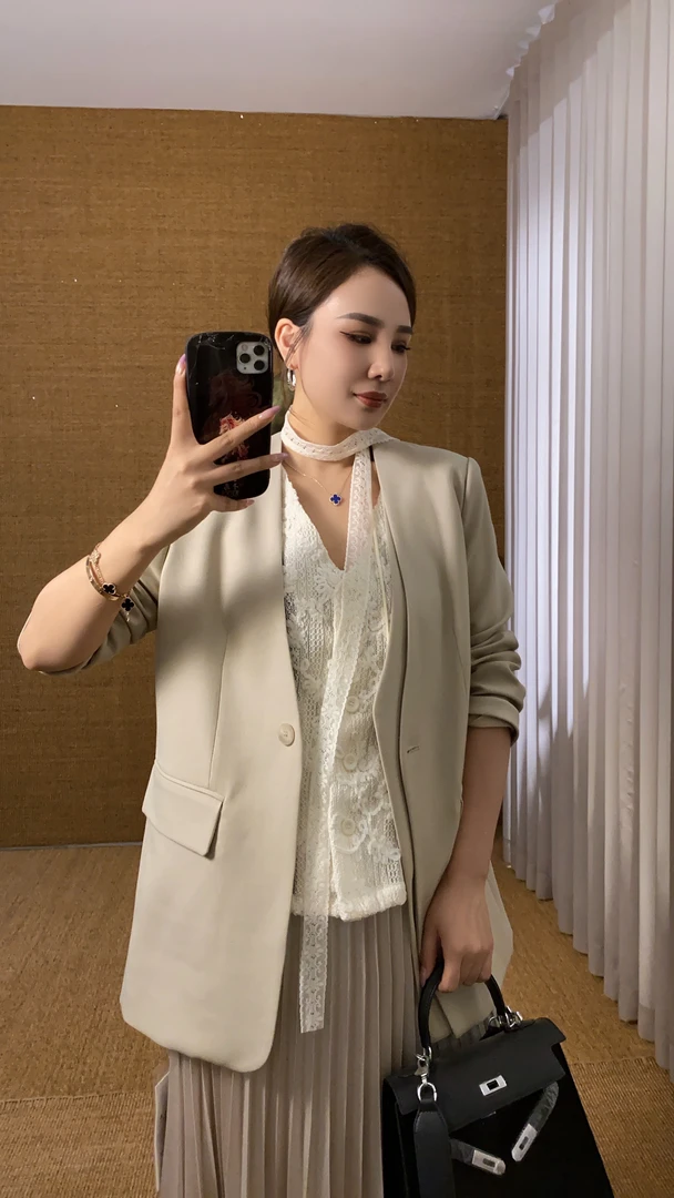 法式休闲西装套装宽松设计高腰长裤外套春季薄款