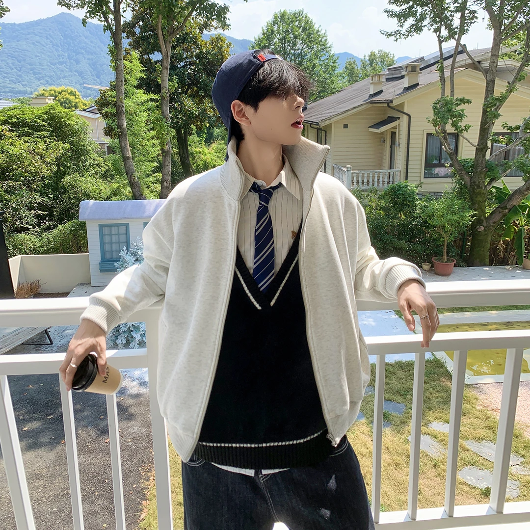 白口阳【西高地公社】学院风外套加绒加厚印花开衫立领卫衣男生W272